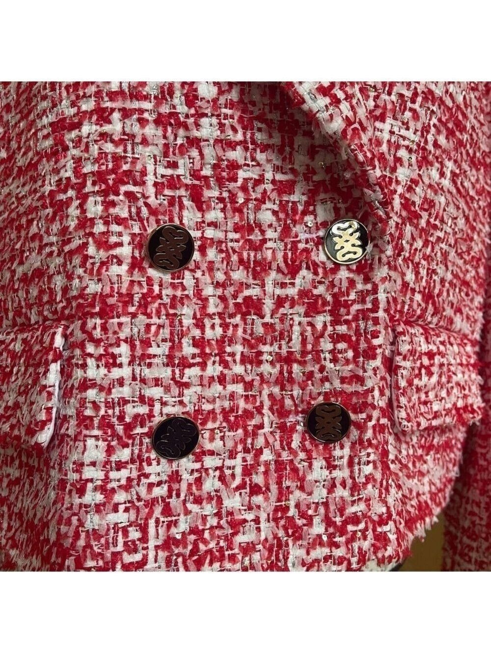 Sandro Cropped Short Tweed Jacket Blazer in Rouge sequins & metallic Sz XL - Picture 8 of 17